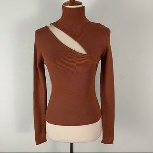 Zara Long Sleeve Cut Out Mock Neck Ribbed Knit Sweater Top